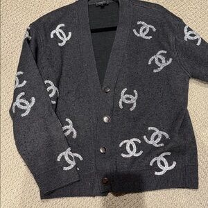 CHANEL Charcoal Gray Logo-Embellished V-Neck Cardigan